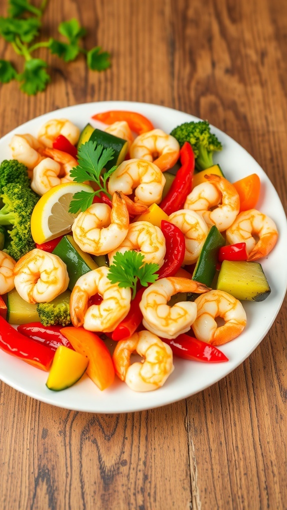 Air fryer shrimp and vegetable medley with bell peppers, zucchini, and broccoli, garnished with parsley and lemon.